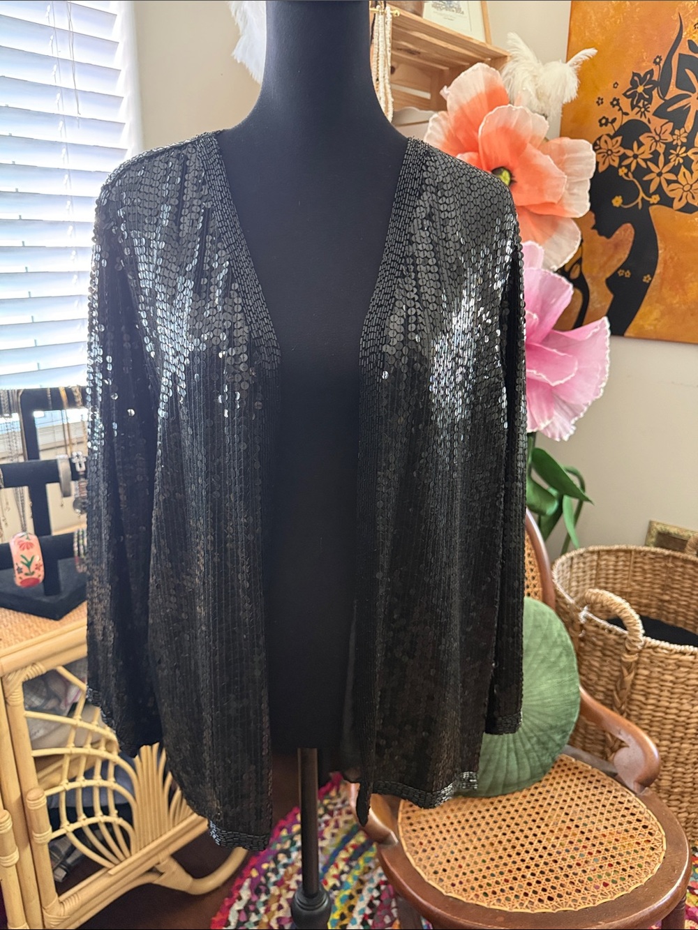 Vintage Megere Black Sequin Open Front Blazer Duster Jacket